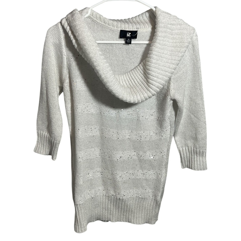 iZ BYER Women's White Metallic Sequin Cowl‎ Neck Pullover Sweater Size M